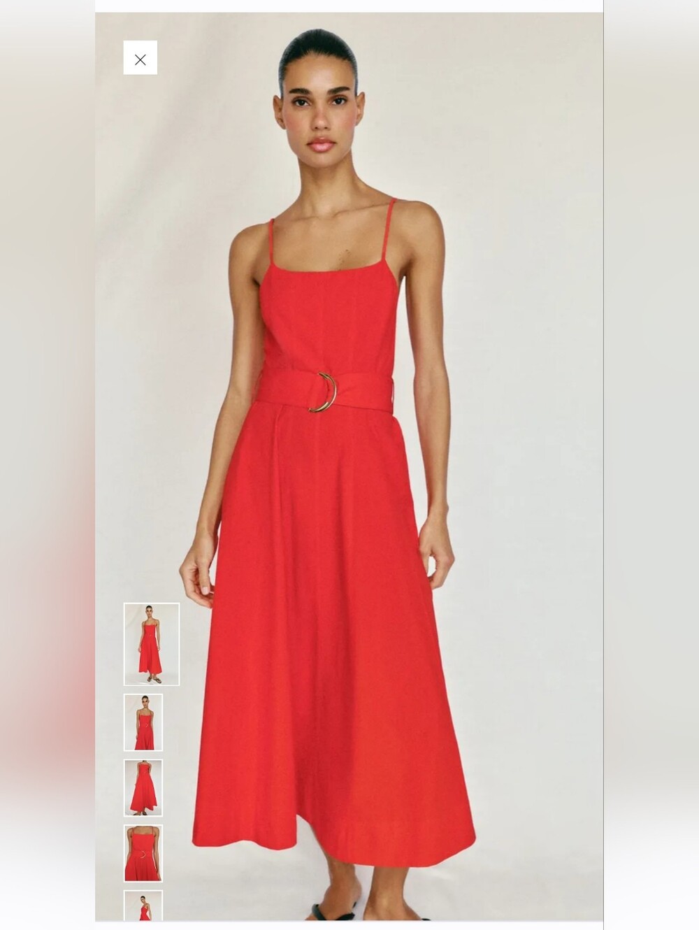 Red Belted Midi Dress with Square Neck